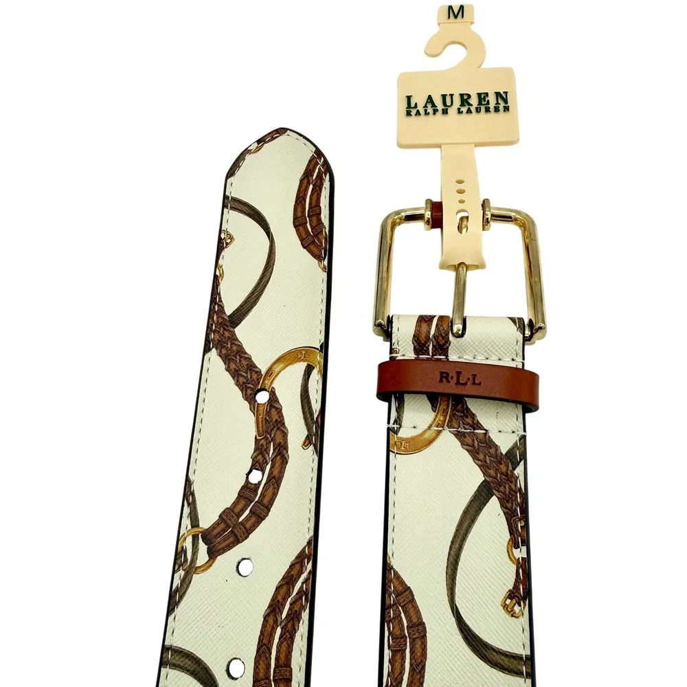 Lauren Ralph Lauren Belt Womens Medium Cream Equestrian Horsebit Print Gold